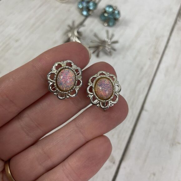 VTG Earrings 4 Pairs - Clip On & Screw back Silver Tone Blue Rhinestone Opal - Picture 2 of 10